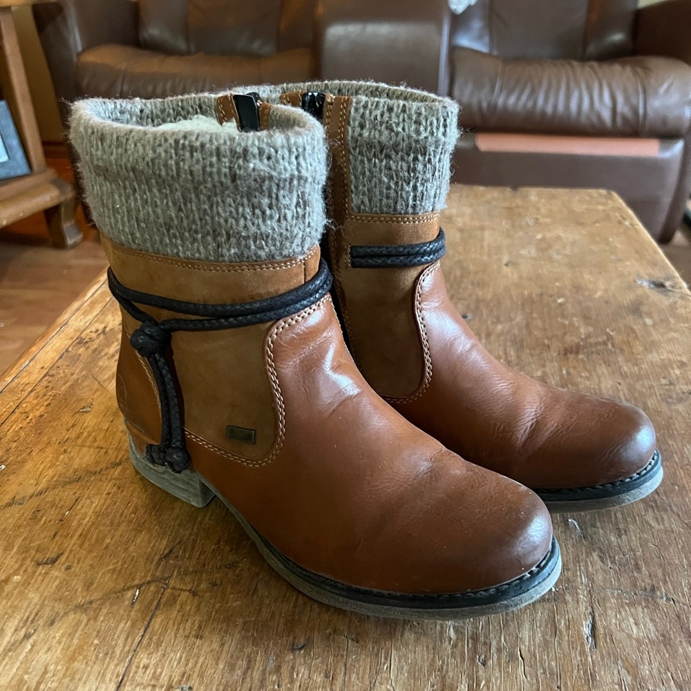 Rieker lined Brown Leather Ankle Boots with Knit Cuff
